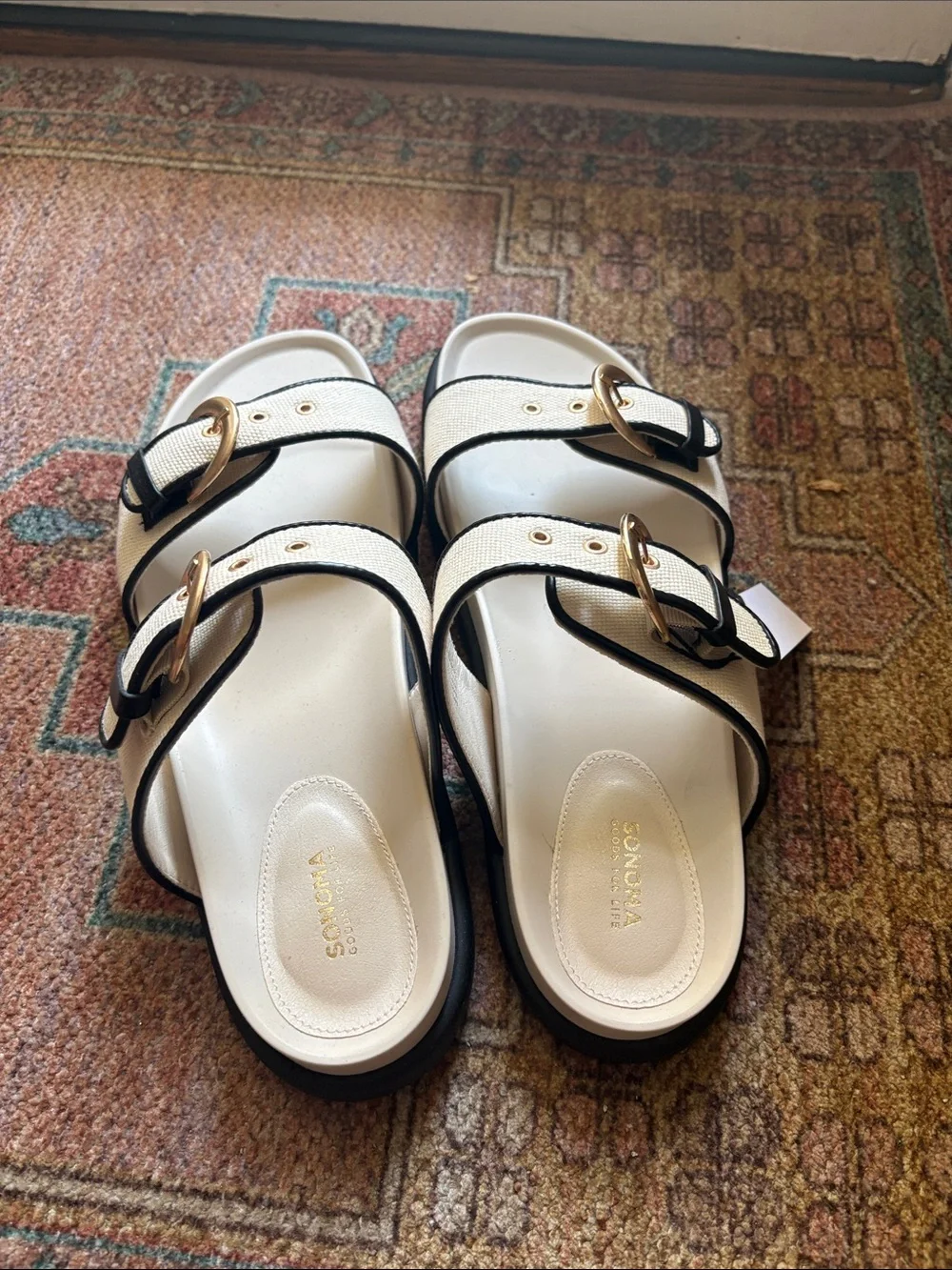 Kohl's Cream and Black Double-Buckle Canvas Slide Sandals
